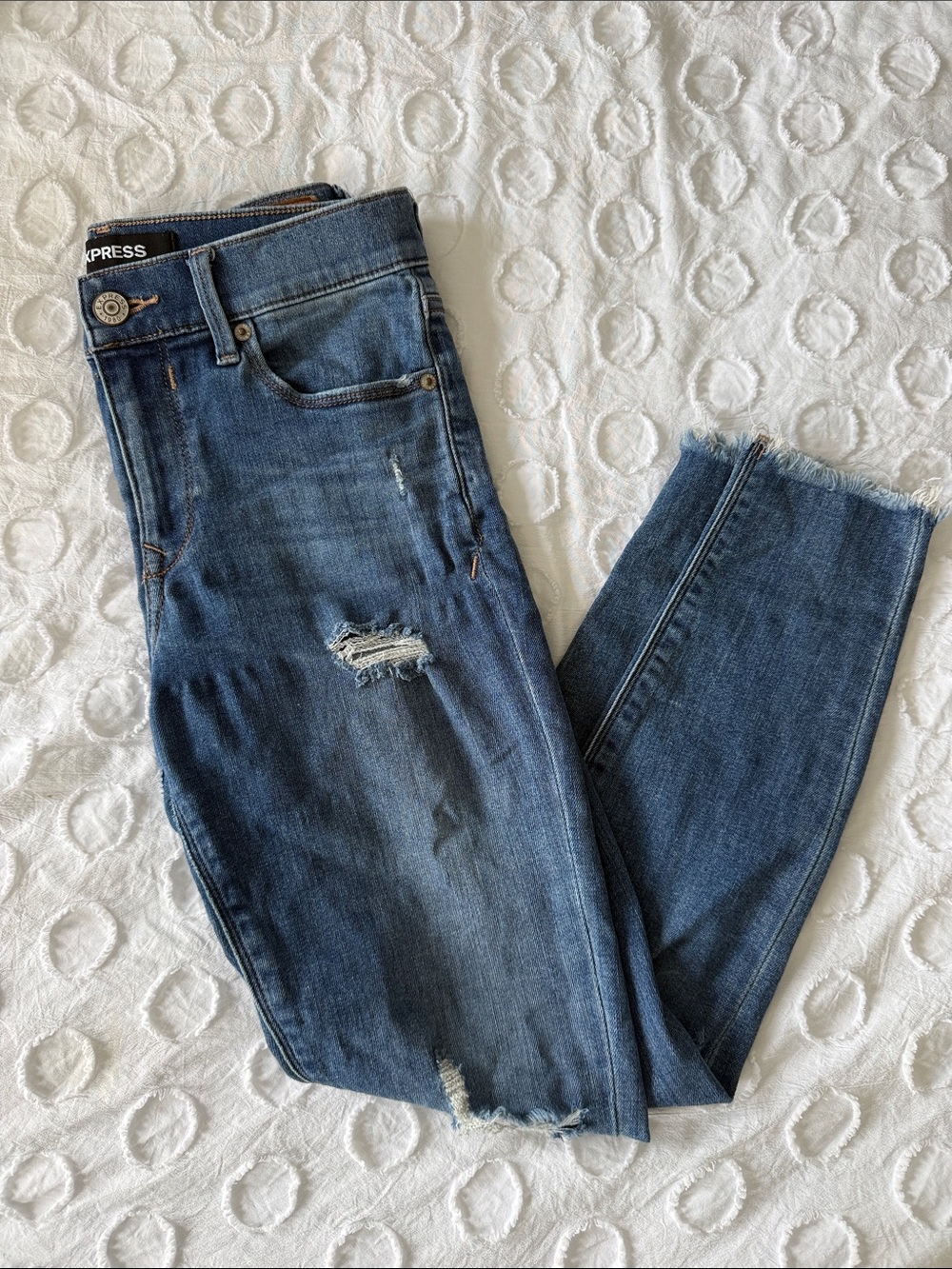 Express Dark Blue Distressed Cropped Jeans